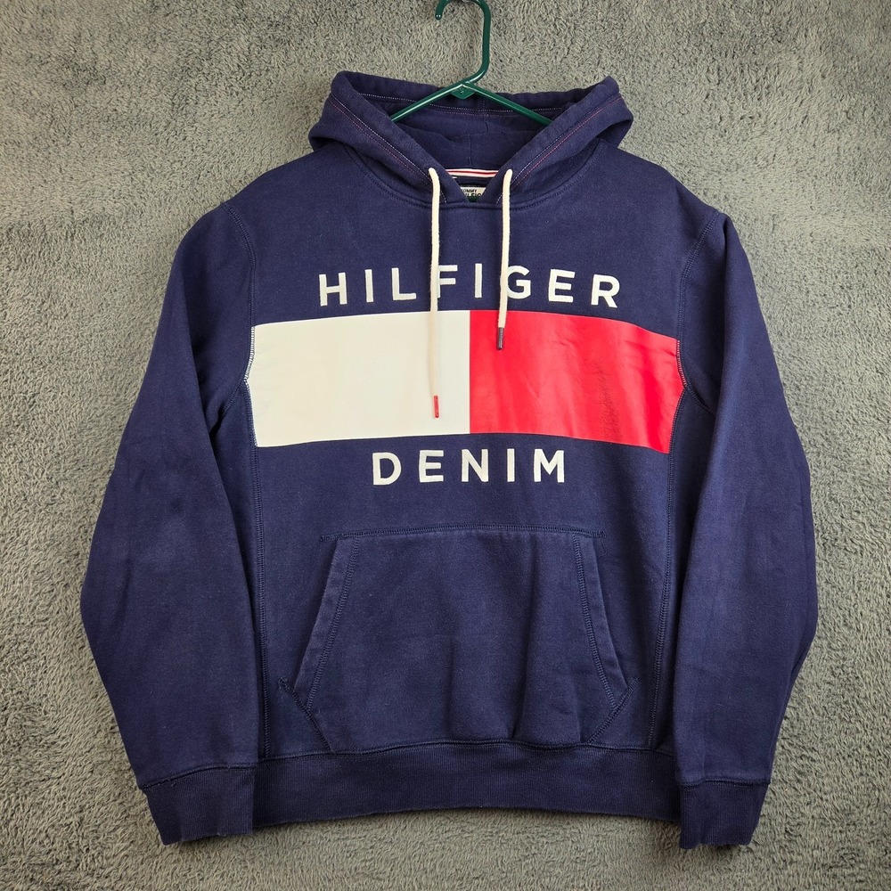 Tommy Hilfiger Hoodie Men's Large Blue Spellout Logo‎ Hooded Sweatshirt Jumper